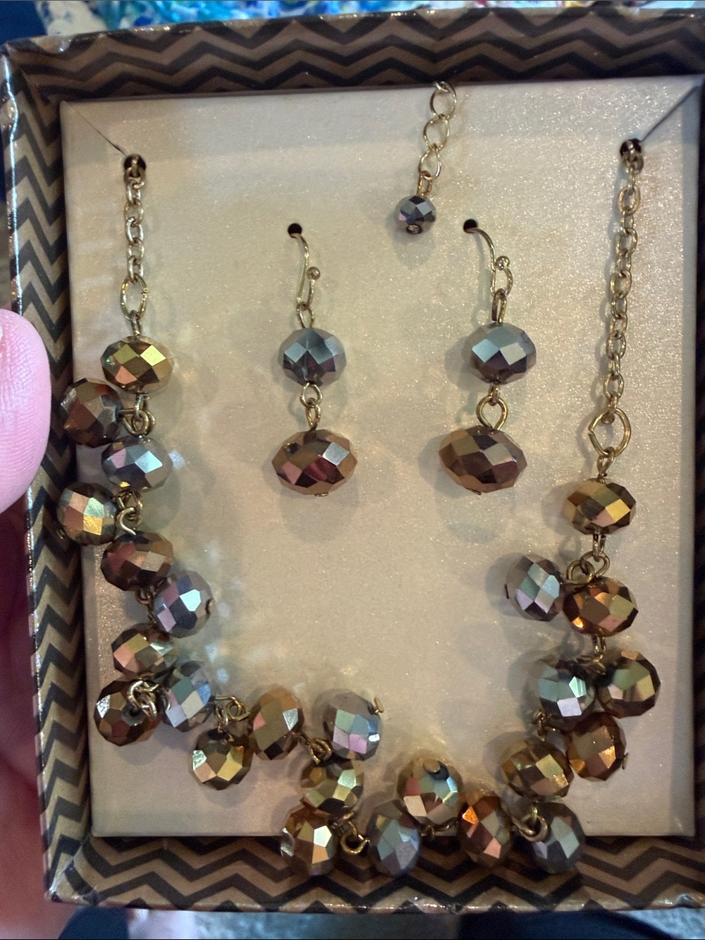 Crystal Bead Statement Necklace & Earring Set - Iridescent Brown